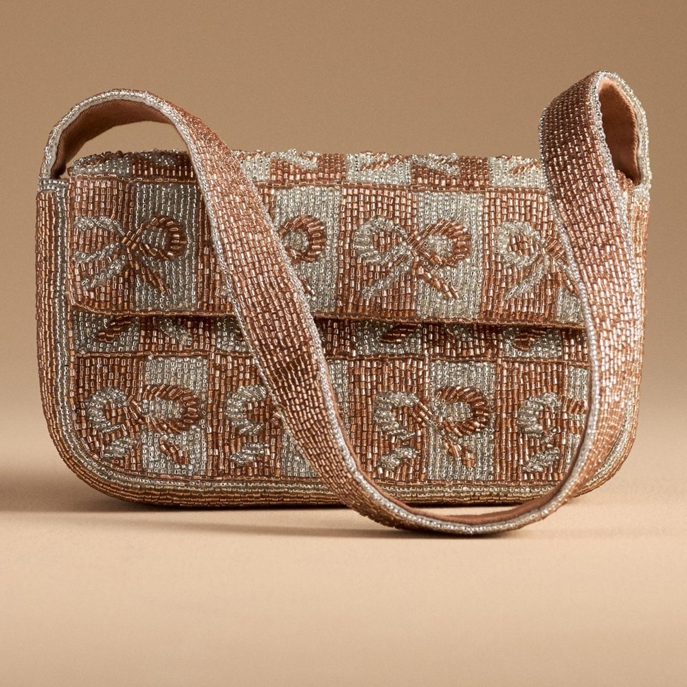Anthropologie Bow Beaded Icon Purse New Elegant Beaded Tan and Cream Women's Bag